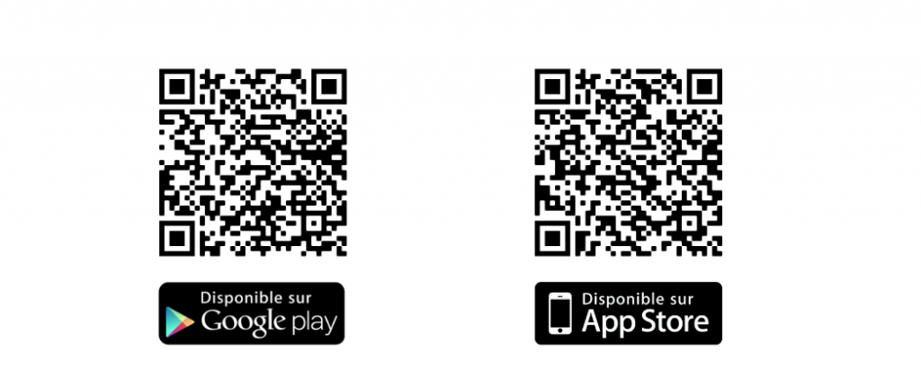 QR codes Google Play et App Store pour télécharger l'application