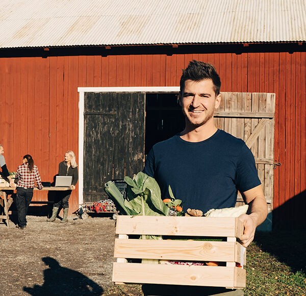 Homme tenant une cagette remplie de légumes